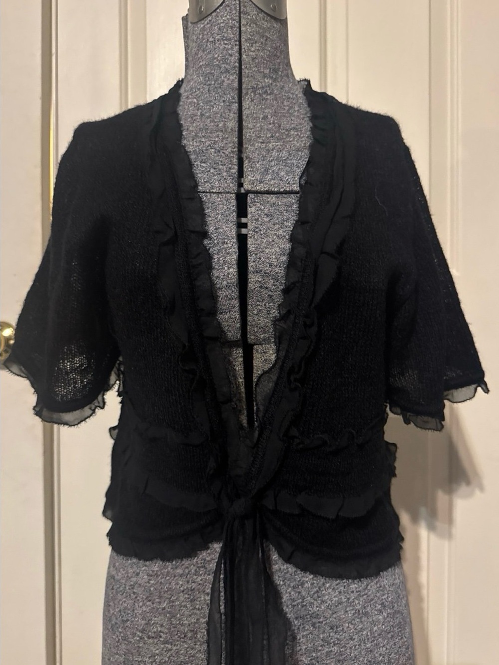 Black Short Sleeve Ruffle Tie-Front Sweater dorothee bis